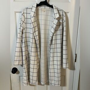 Melloday Women’s 1X Long Blazer Open Front White Black Plaid Business Casual